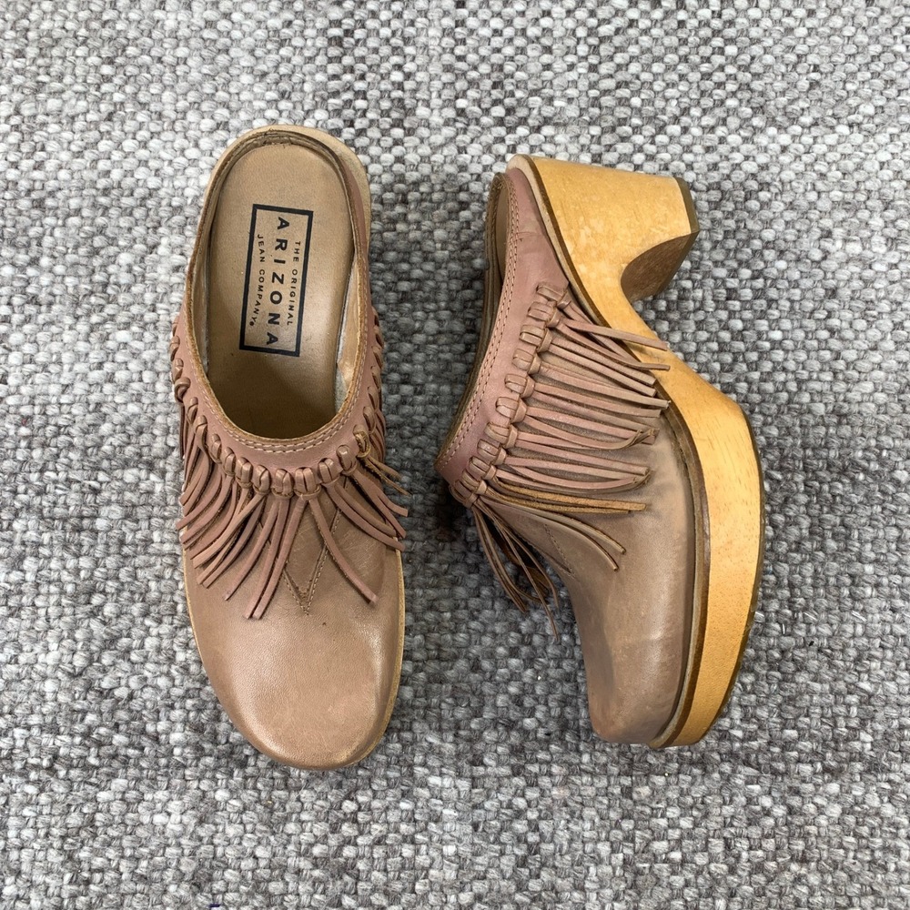 Arizona Jean Company Clogs Womens 6M Tan Leather Fringe Wood Platform Mules